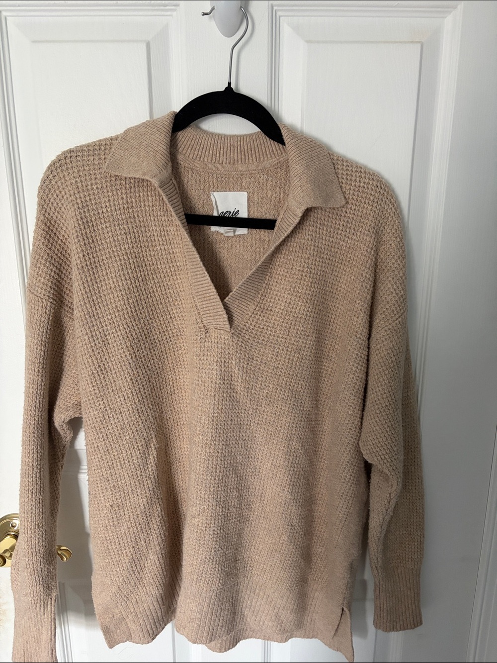 aerie Neutral Beige Collared V-Neck Knit Sweater